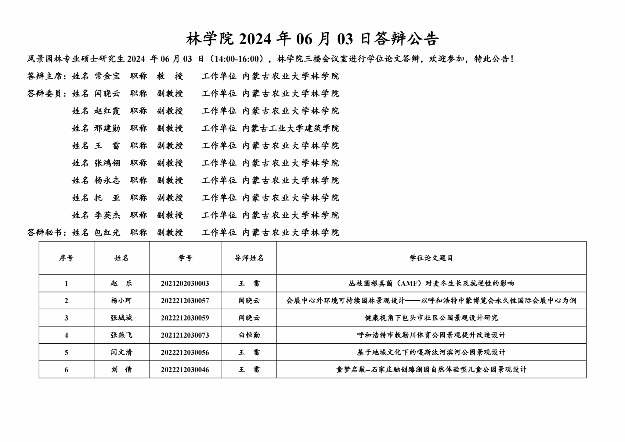 林学院风景园林专业硕士研究生2024年06月03日答辩公告